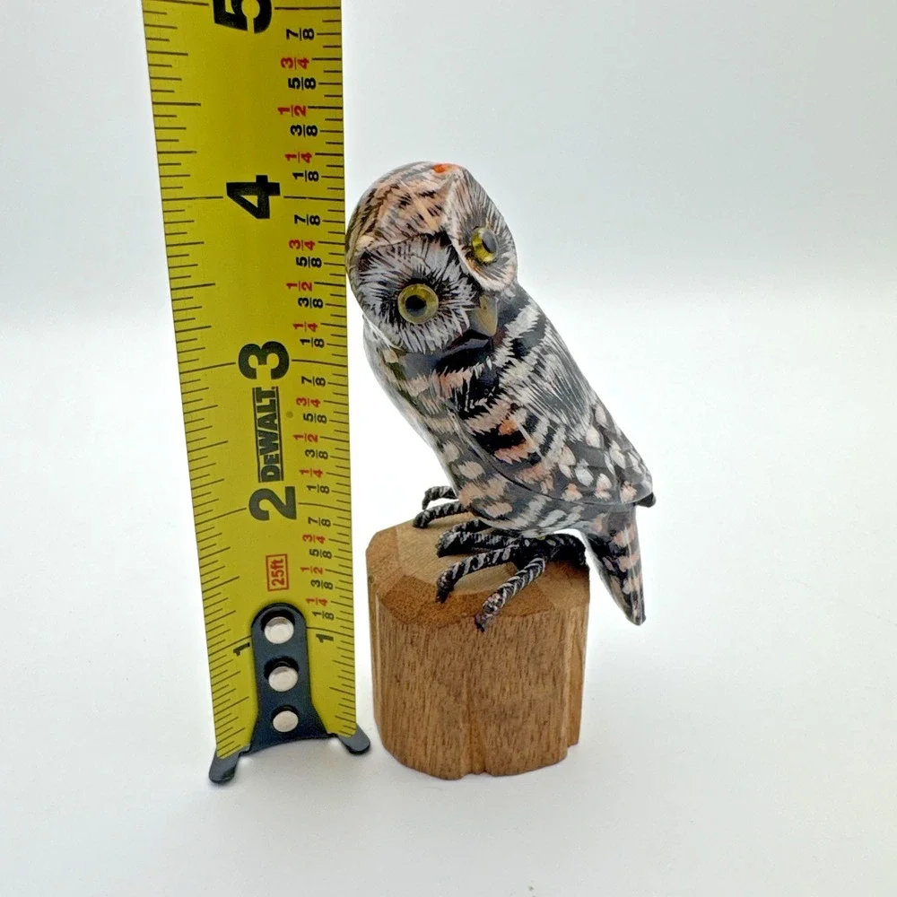 Hand Carved Wood Owl Sculpture Bird on Branch Hand Painted 4.25